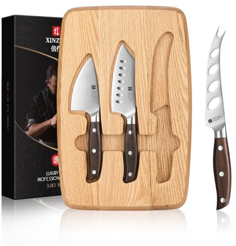 XINZUO Juego de Cuchillos para Queso -Set Tabla de Quesos de Madera de Roble Rojo y 3 Cuchillos de Queso Acero Inoxidable -Tabla Magnética para Cortar Queso Multifuncional -con Caja de Regalo