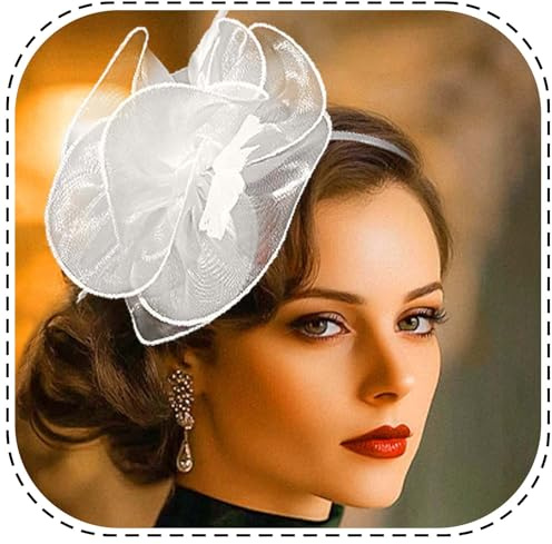 Flayem Fascinator Damen Weiß Pillbox Hut Stirnband mit Schleier Teeparty Clip