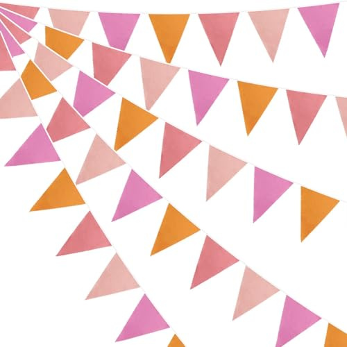 Wimpelkette Dekoration 10 m lang mit mehrfarbigen Flaggen für verschiedene Feiern (Orange Pink)
