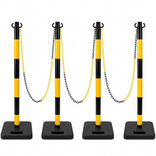 Vilmon 4er-Pack Kettenpfosten Set 91 cm mit Bodenplatte-Gelb Schwarz | Schwere Standfüße sorgen für sicheren Halt ohne Befüllung – Set mit 4 Pfosten und 3 Verbindungsketten