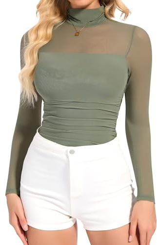 SHAPERIN Dam Långärmad Bodysuit Hög Hals Transparent Mesh Bodysuits Chic Stringbody Turtle Neck Bodysuits Toppar, grön, L