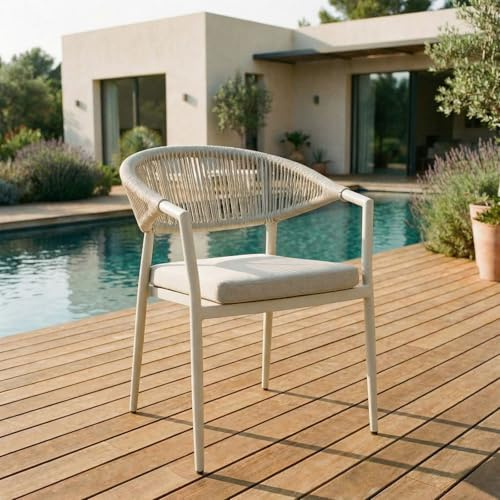 IDIMEX Gartenstühle SELI 6er Set, cremeweiß - Moderne Terrassenstühle aus Aluminium & Rope-Detail, wetterfester Balkonstuhl stapelbar mit Kissen für Garten Terrasse, Outdoor Möbel