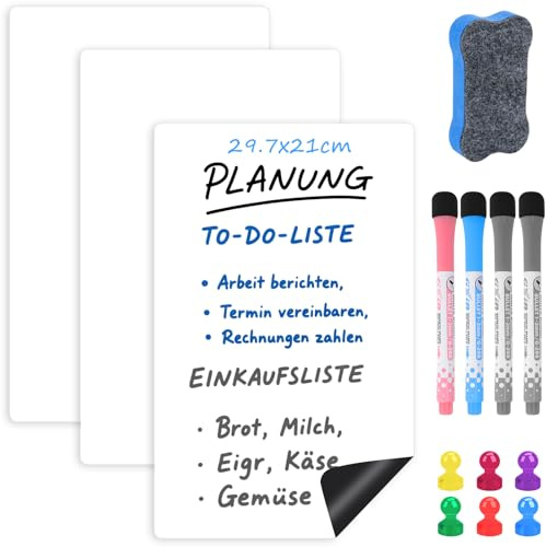 Vylyciy 3 Stück A4 Whiteboard Folie Magnetisch, Magnettafel Kühlschrank für Familie Menü Wochenplaner, Einkaufsliste, Flexibler Klein Magnetfolie Weiß mit 4 Markers 1 Radierer, 29.7x21cm