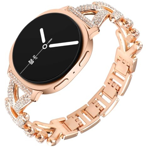WoPail Metallrem för Samsung Galaxy Watch 9/8 40 mm 44 mm, ersättningsband i rostfritt stål med glänsande strassband för Samsung Galaxy Watch 8 Classic 46 mm - rosa guld