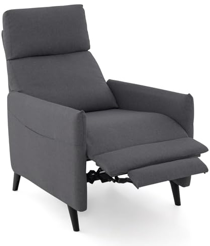 FANTASK Poltrona per TV con funzione reclinabile, poltrona relax con schienale regolabile e poggiapiedi, poltrona in tessuto di lino, 2 tasche per riviste, divano singolo per soggiorno e camera da