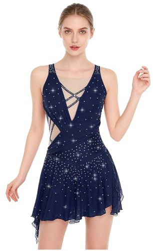 Agoky Damen Eiskunstlauf Kleid Ärmelloses Ballettkleid Glitzer Tanzkleid Mesh Spleiß Gymnastik Leotard Turn Trikot mit Unregelmäßig Rock Rollschuh Eislaufen Bekleidung