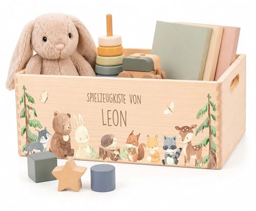 Kidsmood Holzkiste mit Wunschnamen – Stilvolle Spielzeugkiste für Baby- & Kinderzimmer | Ideale Aufbewahrungsbox für Kinder zur Spielzeug Aufbewahrung | Personalisierte Geschenke Baby - Waldtiere