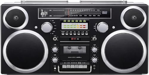 Boombox de radio retro Bluetooth con AM/FM, reproductor de CD, ranuras SD, entrada auxiliar, conector para auriculares, convertir casetes a USB/SD