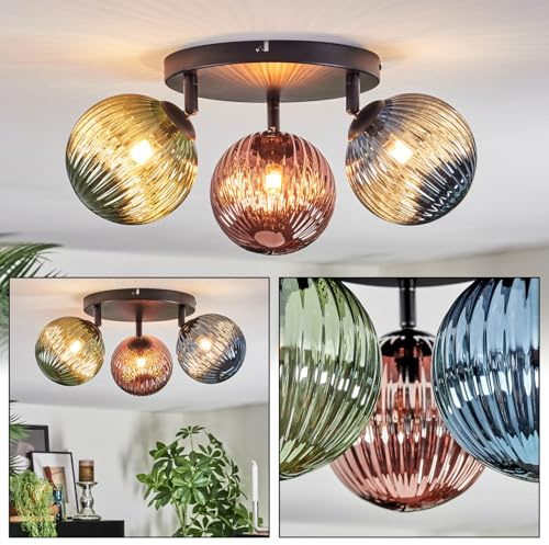 HOFSTEIN Deckenleuchte Chehalis, 3-flammige Deckenlampe aus Metall/Riffelglas in Schwarz/Blau/Grün/Kupfer, verstellbare Leuchte Retro-Design (Schirme Ø 15 cm), G9, Esszimmer, Wohnzimmer, Schlafzimmer