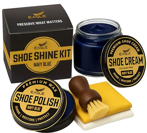 Eagle Shoe Shine Kit Navy Blue – 5-Piece Leather Shoe Polish & Cream Set with Brush & Cloths | Beeswax Waterproof Polish + Carnauba Wax Shoe Cream | Restore, Shine & Protect Dress Shoes & Boots