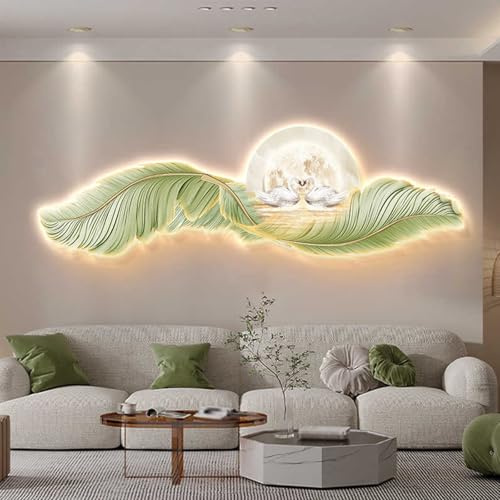 Wanddeko Mit Federn Und LED-Beleuchtung, 3D-Wandskulptur, LED-beleuchtete Wanddeko, Großes Wandbild Für Wohnzimmer, Eingangsbereich Oder Büro(B,100 * 33cm)