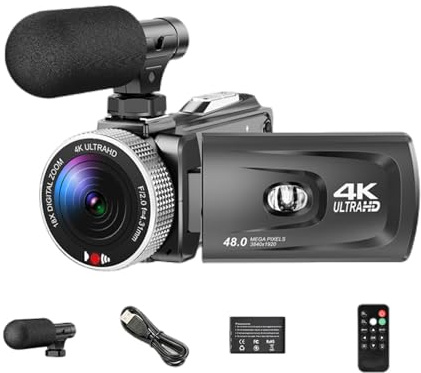 4K 60FPS Video Camera Camcorder – 48MP Vlogging Camera with WiFi, 3.0 Flip Touch Screen, 16X Zoom, External Mic, Stabilizer Grip, Lens Hood, Remote, Webcam & HDMI Output, 2 Batteries