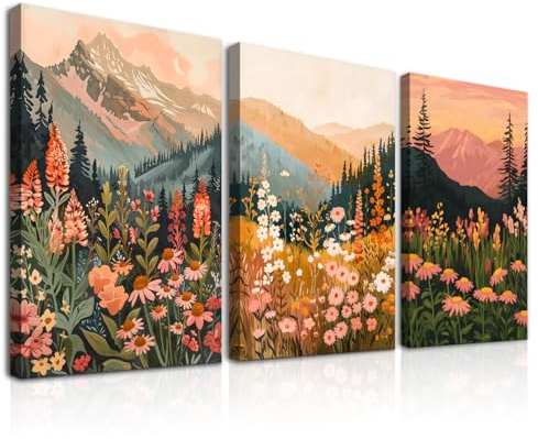 Dazzlewall 3 Stück Boho Berg Blumen Wandbilder, Abstrakte Blumenlandschaft Bilder, Gänseblümchen und Wildblumen Gemälde für Schlafzimmer Wohnzimmer Deko 12x16 Zoll Mit Rahmen