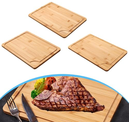 FUBESK Plato de carne de madera maciza para cocina occidental, bandeja de madera natural duradera para uso doméstico y restaurante, 28 x 21 x 1,2 cm