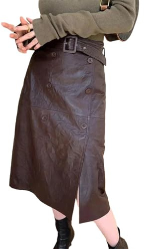 Women Wrinkle Sensation Knee-Length Sheepskin Slim Pencil Skirt with Belt Front Split Leather Skirt Black L