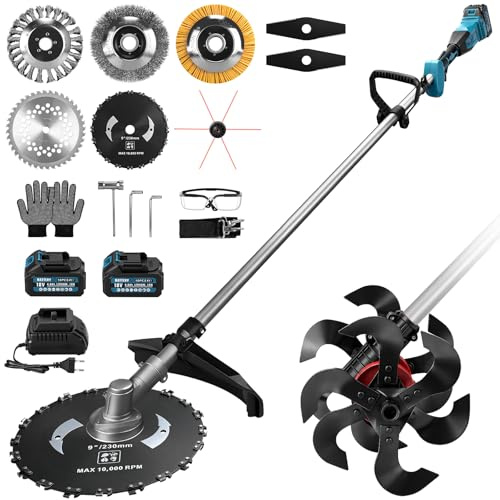 2 In 1 Akku Bodenhacke und Rasentrimmer Kompatibel mit 2 x 4Ah Akkus, Akku Motorhacke mit 25cm Arbeitsbreite & 23cm Arbeitstiefe, 12 Rostbeständige Messer für Bodenbearbeitung und Gartenarbeit
