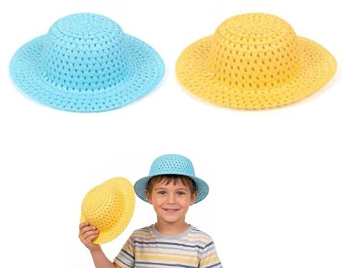 AYZDJ Set di 2 cappelli di paglia pasquali – blu + giallo – cappelli per bambini fai da te per pittura artigianale – cappello da sole decorativo per parata di Pasqua e decorazione per feste – Kit