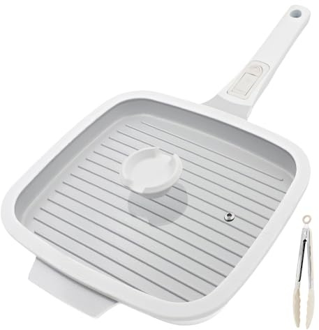 RANX INGST Bistecchiera in Ceramica 26 x 24 cm con Coperchio, Bianco | Bistecchiera in ceramica antiaderente, compatibile con induzione, con coperchio e manico rimovibile.