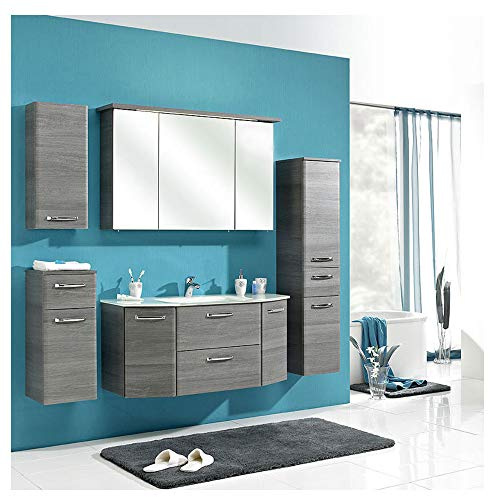 Pelipal Alika 12 - Badmöbel-Set - 112 cm - 6-teilig mit Spiegelschrank, Glas-Waschtisch, WT-Unterschrank, Wandschrank, Unterschrank und Midischrank in Graphit Struktur Quer
