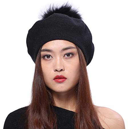 Damen Baskenmütze Strickmütze schöne Winter Mütze Bommelmütze Beanie Waschbär Fell Bommel