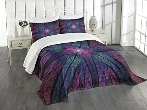 ABAKUHAUS Fractal Tagesdecke Set, Psychedelische Kunst Vivid, Set mit Kissenbezügen farbfester Digitaldruck, für Doppelbetten 264 x 220 cm,Plum Indigo