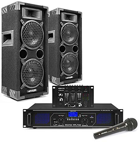 Max Dual 6 Passive DJ PA Speaker System with Bluetooth Amplifier, 4-Channel DJ Mixer, Wired Karaoke Microphone & Audio Cables – Ideal for Parties, Karaoke & Events