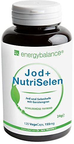 EnergyBalance Jod + NutriSelen - Schilddrüsenkomplex Kapseln - Gerstengras Schilddrüse-Thyroid - Schilddrüsenunterstützung - Vegan, Glutenfrei, ohne Zusätze - 120 VegeCaps à 155 mg