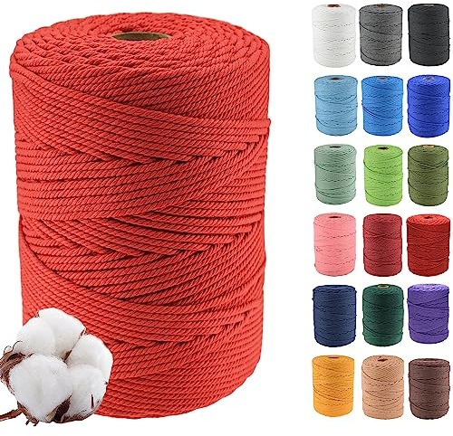 3mmx500m Cuerda de Algodón Natural para Macramé - Cuerda de Algodón para Macramé, 4 Hebras Torcidas de Algodón 100% Natural para Colgantes de Pared Hechos a Mano, Bricolaje, Manualidades,Rojo