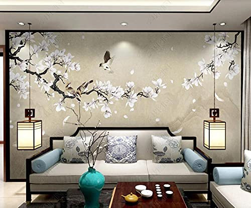 Papier Peint Panoramique Tapisserie Murales 3D Fleur Et Oiseau De Magnolia Méticuleux Papier Peint 3D Intissé Décoration Murale