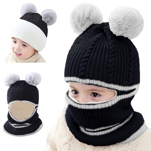 crazy bean Bebis flickmössa vintermössa halsduk set mössa bebismössa mössa och halsduk stickad mask 3-i-1, baby, barn, vinter, hattar för 2–8 år, svart, One Size