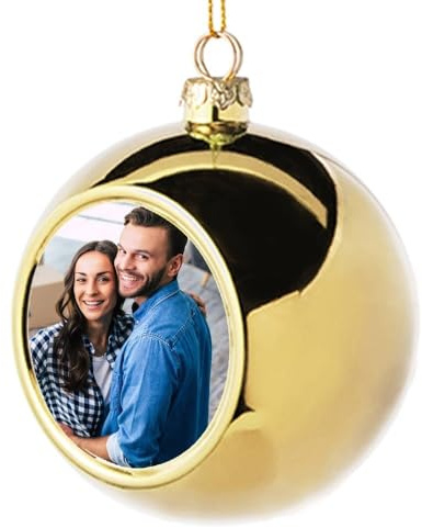 Ocadeau Personalisierbare Foto-Weihnachtskugel in Gold - Plastikkugel mit goldenem Aufhänger und Bändchen - Runder Fotodruck auf der goldenen Weihnachtskugel