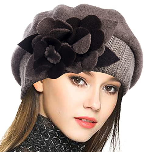 VECRY Damen 100% Wolle Französische Baskenmütze Blumen Strickmütze Schädelkappe Kleid Wintermütze