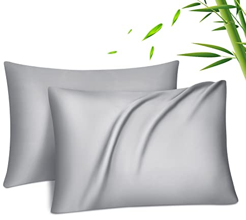 Fittia 2er-Set Lyocell Bambus Kissenbezug Bambusfaser Kopfkissenbezug Kissenhülle Seidig weichkühlend atmungsaktiv mit verdecktem Reißverschluss Silbergrau 50x75cm