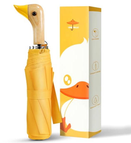 LEAGERA Compact Umbrellas for Rain&Sun, Travel Umbrella Cute Duck Head Handle Design for Girls Gifts, Steady 8 Ribs Folding Umbrella Lightweight and Small,Yellow