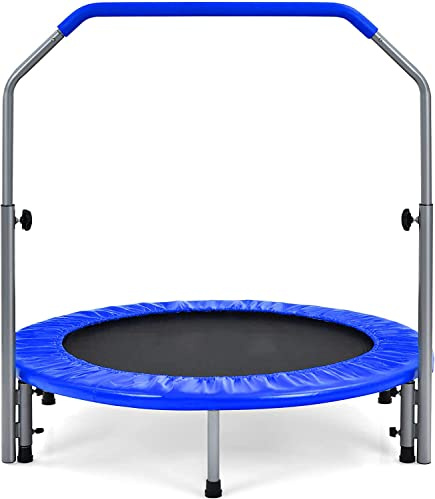 GYMAX Trampoline de Fitness Pliable avec Poignée Réglable à 4 Niveaux, Ressorts en Acier Renforcés, Couverture Rembourrée, Sac de Transport, Trampoline de Loisirs pour Adultes/Enfants (Bleu)