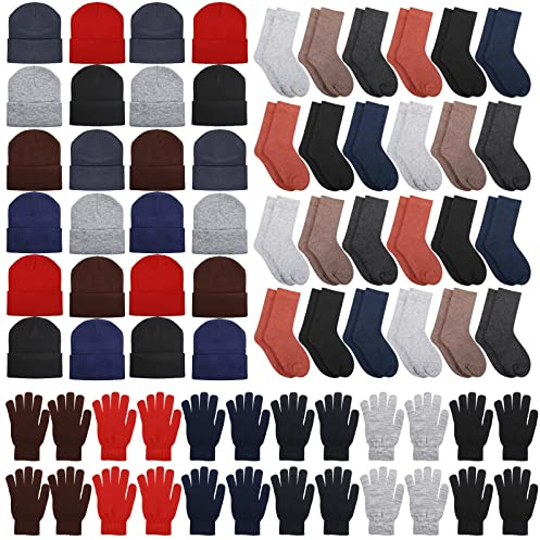 Hillban Winter Beanie Hat Gloves Set with Warm Socks Bulk, Homeless Knitted Beanie Cap Thick Thermal Winter Gloves Socks Pack(Classic Colors,72 Pcs)