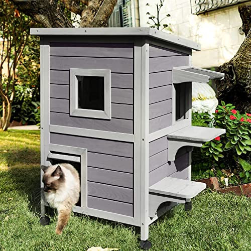 Seiyierr Katzenhaus Kitty Condo aus Holz mit Fluchttür für drinnen und draußen, 2-stöckig, 4 Rollen im Lieferumfang enthalten