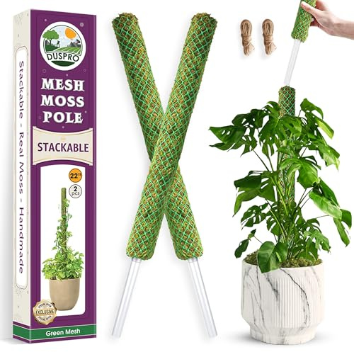 DUSPRO Green Stackable Mesh Moss Pole for Plants Climbing Vine Supporting Monstera Trellis, for Indoor Plants Extendable Plant Pole Moss Sticks, for Plants Monstera Potted Plant Stakes 2 pcs 22''