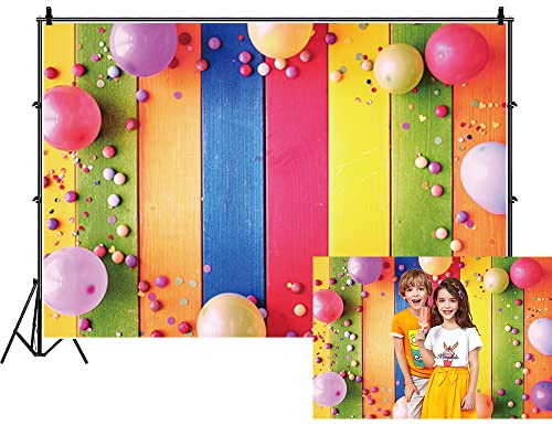 Renaiss 7x5ft Colorful Wood Backdrop Polyester Colorful Balloons Small Round Balls on Rustic Wooden Board Wall Photography Background for Baby Shower Kids Adults Birthday Party Decor Photo Props