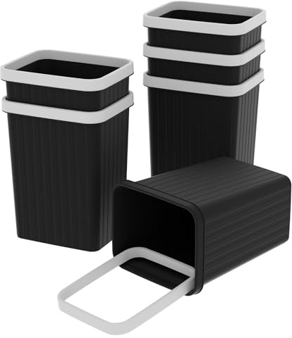 Cetomo 8.2L*6 Corbeille à Papiers, Poubelle en Plastique, Petites Poubelles pour Chambre, Corbeille à Ordures Carrée avec Couvercle à Bord et Rayures Solides, Empilable, Givré, Noir, 8.2L(6 pièces)