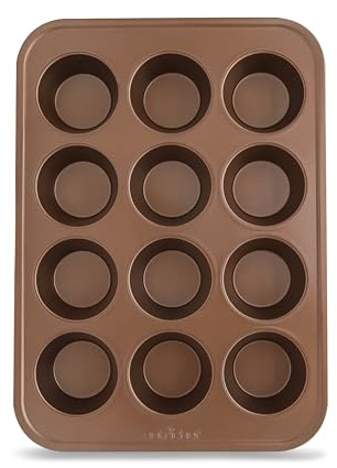 NutriChef Teglia da forno dorata per muffin da 12 tazze, superficie rivestita antiaderente, vassoio per muffin con riscaldamento uniforme per muffin, cupcake, pasticcini e mini torte, utilizzata per