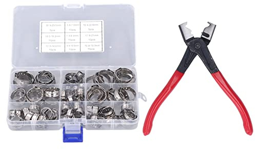 Tissting 80 Stück Einzelohr Stufenlos Schlauchschellen mit Zange, 5,8-23,5mm 9 Größen Verstellbarer Edelstahl Schlauchklemmen Crimper Werkzeug Kit
