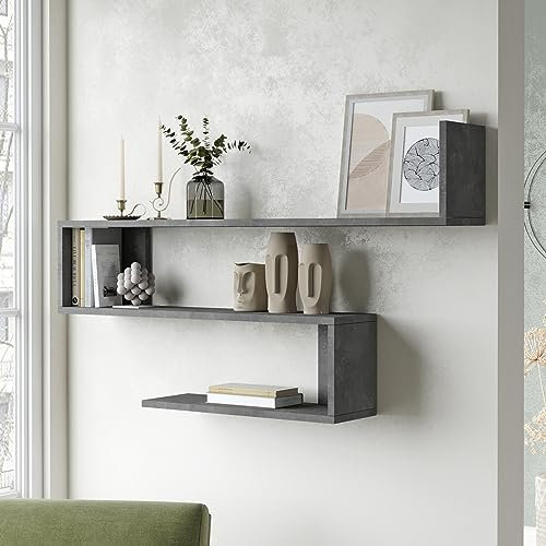 [en.casa] Mensola da Parete a S con 3 Ripiani Scaffale a Muro Libreria Pensile Consolle da Parete 72 x 120 x 15 cm Effetto Cemento