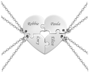 AllerPierce Freundschaftskette für 4, Herz Halskette mit Gravur BFF Halskette Freundschaftskette mit 4 Herz Puzzle Anhänger für Bester Freund Schwestern Bruder(Silber)