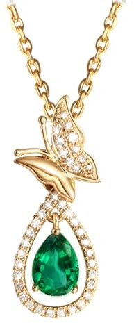 AMDXD Gold 750 18K Kette Damen Echt Goldschmuck, 0.72ct Grün Labor Erstellt Smaragd Schmetterling Statement Kette Au750 Gold, 45cm