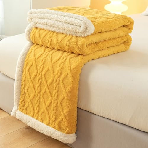 QOFLY Premium Sherpa Wohndecke Decke 150x200 cm Fleecedecke - Wohn- & Kuscheldecke - Wohndecke Flauschige Decken in Gelb Plüschdecke für Bett Sofa Wohnzimmer Cozy Blanket