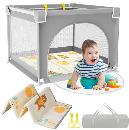 YUMBOT Laufstall Mit Matratze 90x90cm, Faltbar Mit Matte Schaum, Atmungsaktivem Netz und Reißverschlusstür, Kleines Laufgitter, Playpen, Rutschfeste Basis, Grau
