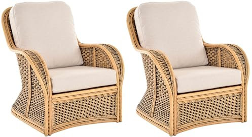 Krines Home 2er Set Wohnzimmersessel Carlo Rattan Sessel Lesesessel Armlehnsessel (Vintage Braun)
