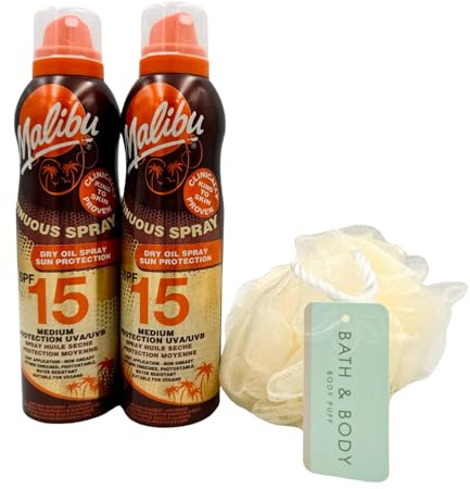 Katsy Style Malibu Continuous Dry Oil SPF15 Spray (175ml) & Exfoliating Loofahs Body Spounge- Sun Protection, Water-Resistant, Non-Greasy Formula - Pack of 3