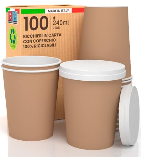 100 Bicchieri Caffè da ASPORTO in Carta Avana 240ml con 100 Coperchi in Carta con Beccuccio Bevande Fredde e Calde Tè Infusi Acqua Cappuccino Ecologici Biodegradabili Tazze Monouso Made in Italy